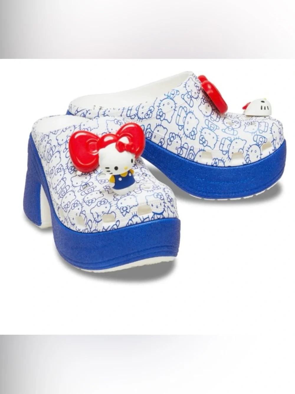 CROCS White & Blue Hello Kitty Platform Clogs with Red Bow Charm